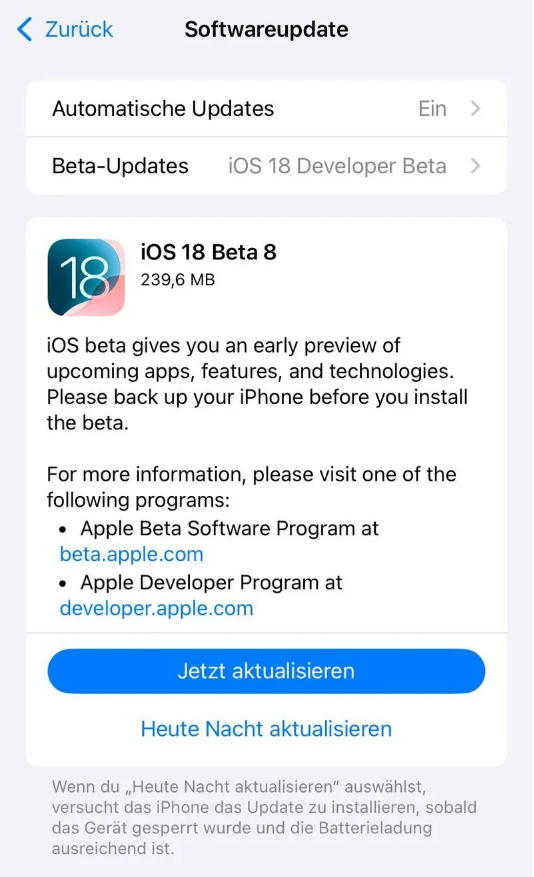 金安苹果手机维修分享苹果 iOS / iPadOS 18 开发者预览版 Beta 8 发布 